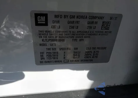 2017 Chevrolet Trax Lt z USA, uszkodzony, nr VIN KL7CJPSB8HB188488